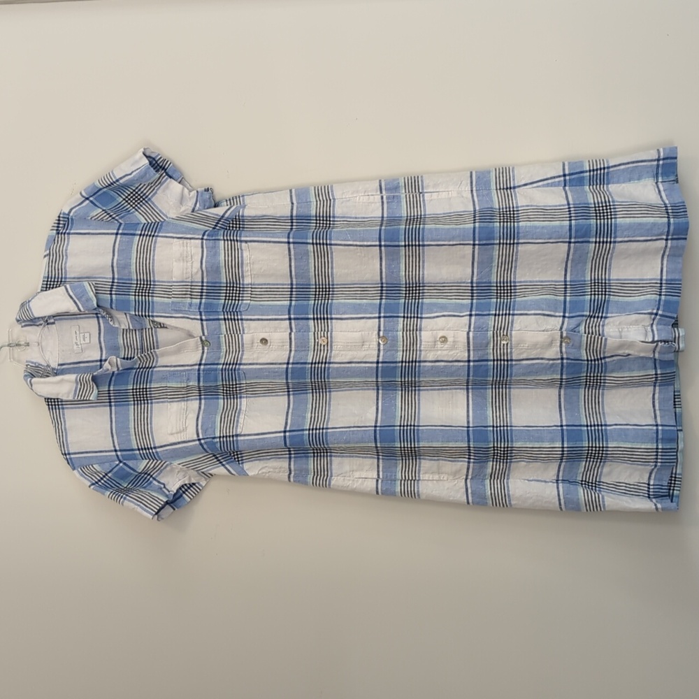 J.JILL Love Linen Blue Plaid Button Front Short Sleeve Dress Size Small - Picture 2 of 8